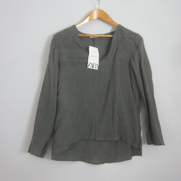 New Zara Womens XS Gray Long Sleeve V Neck LInen Tunic Shirt NWT $70 X-Small - Picture 4 of 8